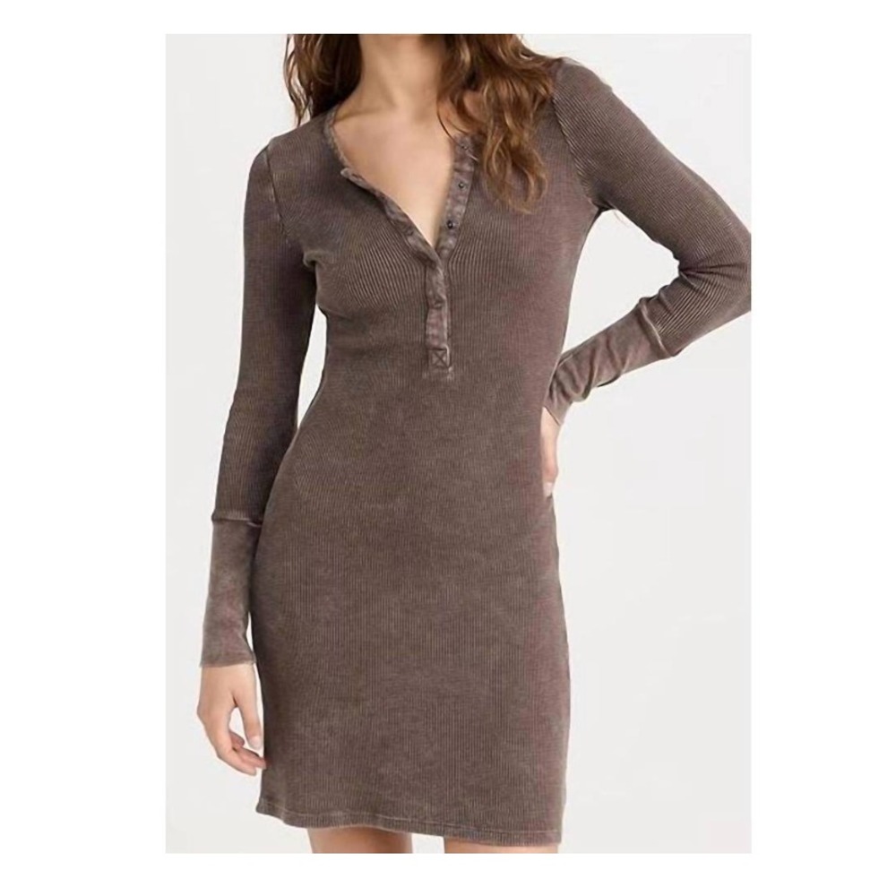 Splendid Forever Henley Shirt Dress Womens XS Brown Waffle Knit Long Sleeve Y2K